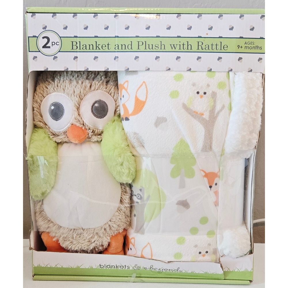 Blankets & Beyond 2pc Set Owl Plush Rattle Woodland Fox Fleece Blanket 30x45 NEW